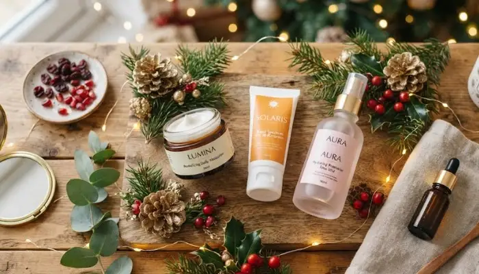 Flat lay of skincare essentials including moisturizer, sunscreen, and hydrating face mist on a festive background. Flat lay of skincare essentials including moisturizer, sunscreen, and hydrating face mist on a festive background.