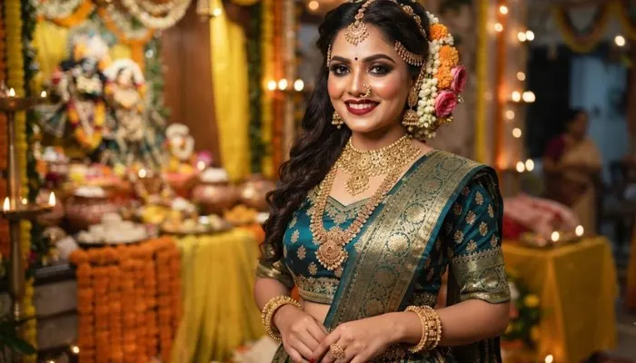 Traditional festive look with gold accents, bold eye makeup, and fresh flowers in the hair for Janmashtami. Traditional festive look with gold accents, bold eye makeup, and fresh flowers in the hair for Janmashtami.