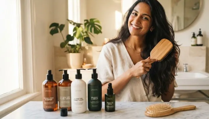 Collection of sulphate-free hair care bottles and a wooden hair brush on a clean marble surface. Collection of sulphate-free hair care bottles and a wooden hair brush on a clean marble surface.