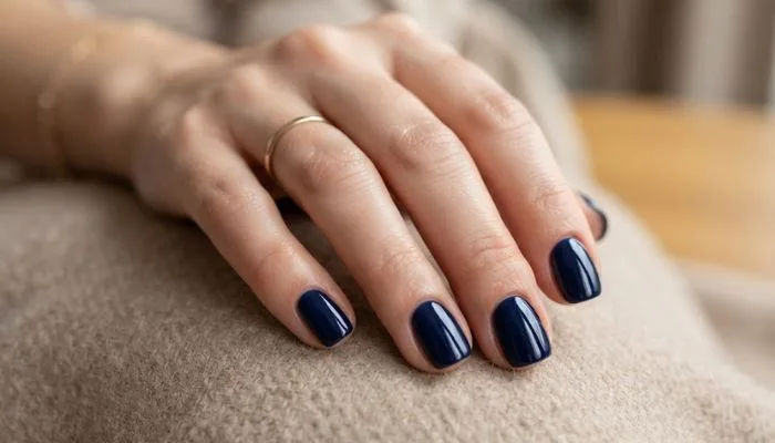 Short, elegant nails painted in solid glossy midnight blue polish