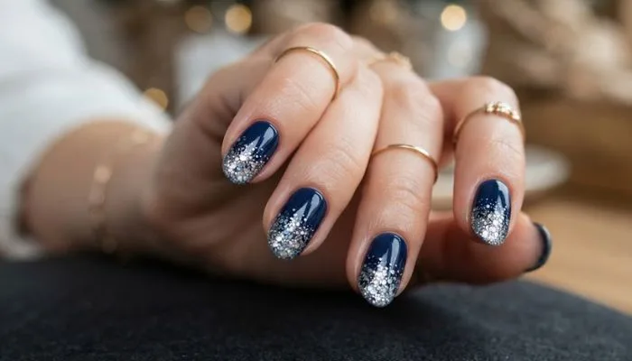 Close-up of midnight blue nails featuring a sparkly silver glitter gradient tip