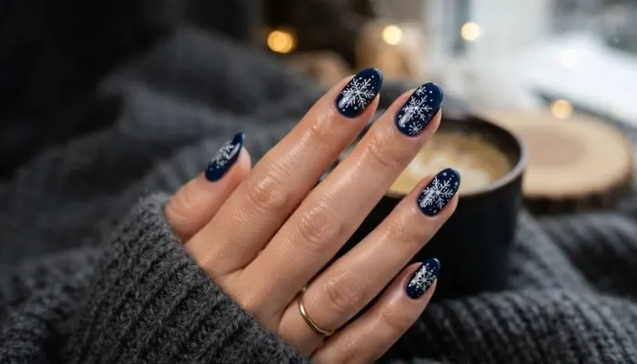 Winter-inspired midnight blue nails decorated with delicate hand-painted white snowflakes