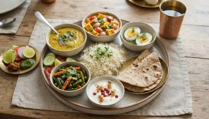 A clean, overhead flat-lay shot of accessible whole foods like paneer, lentils, and eggs that appeal directly to the target demographic. A clean, overhead flat-lay shot of accessible whole foods like paneer, lentils, and eggs that appeal directly to the target demographic.