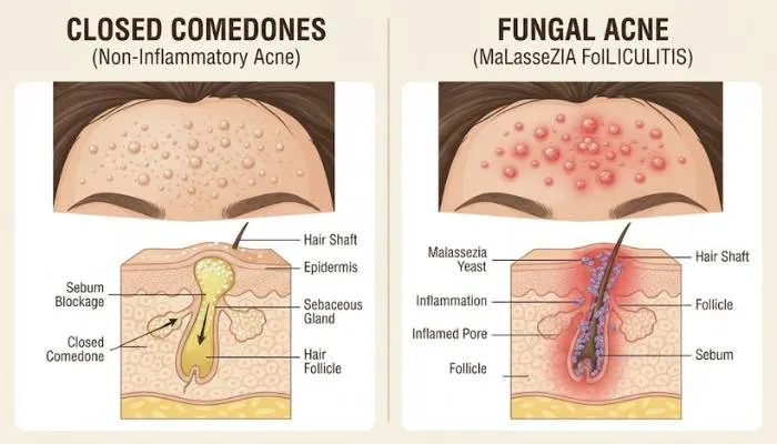 Infographic illustration comparing closed comedones versus fungal acne on forehead skin. Infographic illustration comparing closed comedones versus fungal acne on forehead skin.