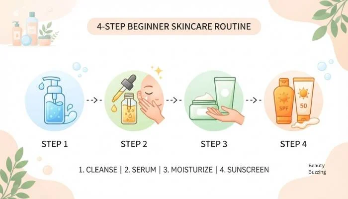 Infographic showing a simple 4-step beginner skincare routine with cleanser, serum, moisturizer, and sunscreen icons.
