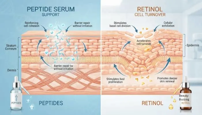 Comparison graphic illustrating how gentle peptide serums support the skin barrier while retinol handles cell turnover.