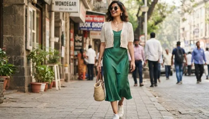 Street style look featuring a light knit summer bolero layered over a satin slip dress. Street style look featuring a light knit summer bolero layered over a satin slip dress.