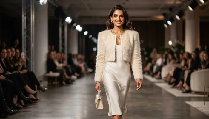 Fashion model showcasing a luxury cream mohair bolero jacket from the Fall/Winter 2026 collection. Fashion model showcasing a luxury cream mohair bolero jacket from the Fall/Winter 2026 collection.