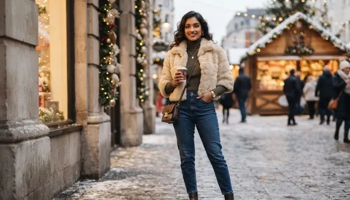 Winter outfit featuring a cozy faux-fur bolero jacket layered over a high-neck ribbed turtleneck. Winter outfit featuring a cozy faux-fur bolero jacket layered over a high-neck ribbed turtleneck.
