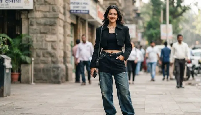 A woman wearing a fitted black bolero jacket paired with baggy low-rise jeans and high-waist trousers A woman wearing a fitted black bolero jacket paired with baggy low-rise jeans and high-waist trousers
