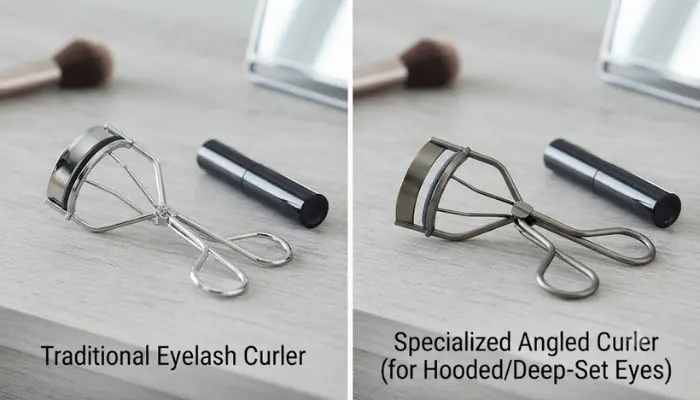 Comparison of traditional eyelash curlers and specialized angled curlers designed for hooded and deep-set eyes.