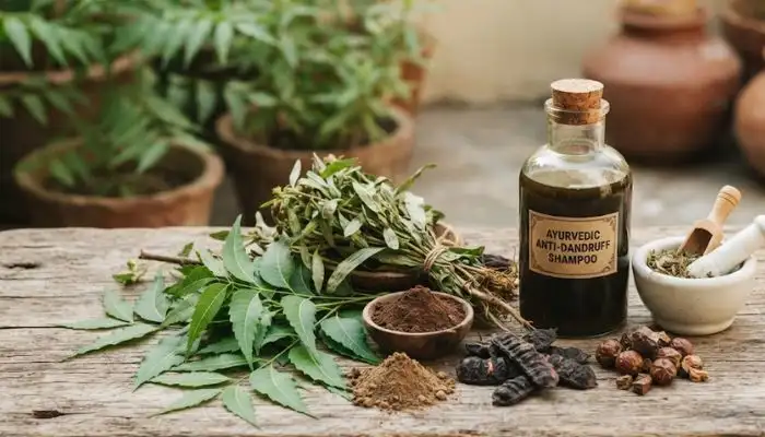 Ayurvedic hair care ingredients like neem and bhringraj used in Indian anti-dandruff shampoos