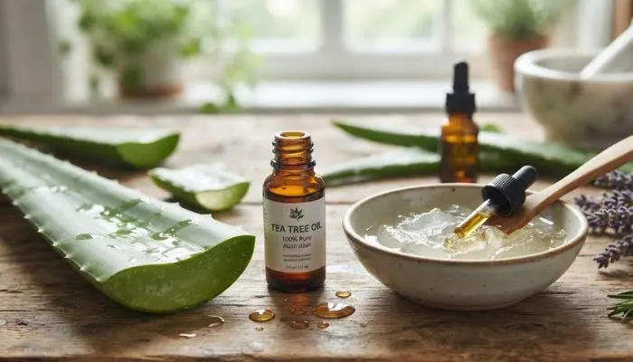 Natural home remedies for itchy scalp including fresh aloe vera gel and tea tree oil