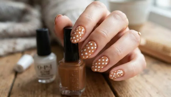 Easy DIY Bambi nail design with classic white fawn spots on a caramel brown base