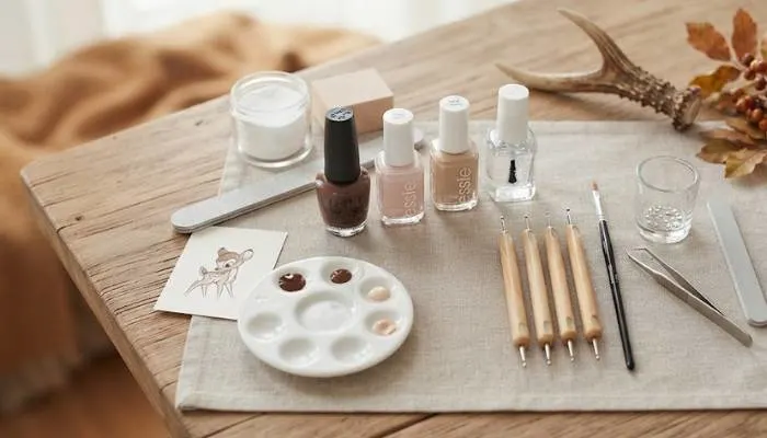 Nail art tools including dotting tool and nude and brown polishes for DIY Bambi nails