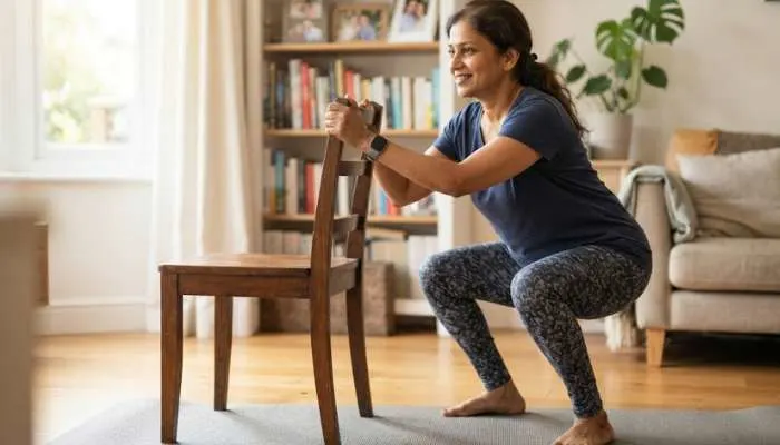 Woman over 40 doing bodyweight squats holding the back of a chair at home Woman over 40 doing bodyweight squats holding the back of a chair at home