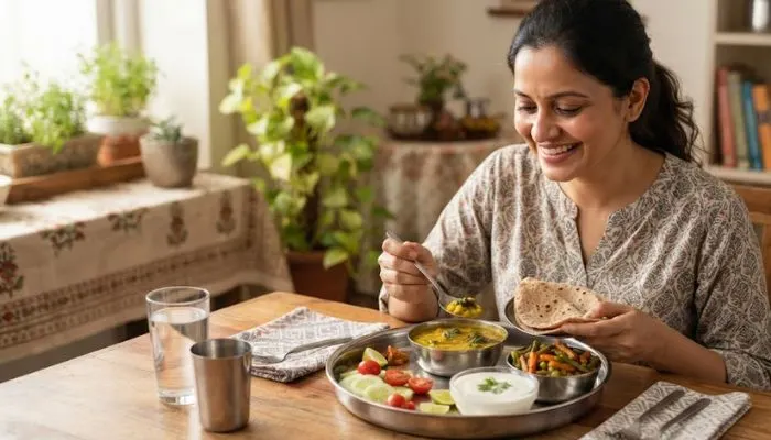 Healthy Indian weight loss meal plate with dal roti sabzi and curd Healthy Indian weight loss meal plate with dal roti sabzi and curd