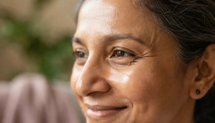 Close-up of healthy mature skin showing natural texture and hydration. Close-up of healthy mature skin showing natural texture and hydration.