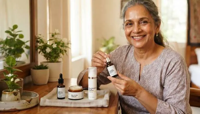 Essential skincare products including serum, moisturizer, and sunscreen for a daily mature skin routine. Essential skincare products including serum, moisturizer, and sunscreen for a daily mature skin routine.