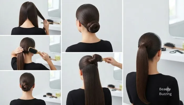 Step-by-step styling of a sleek low bun and polished ponytail for long hair