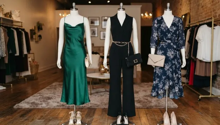 Collection of trendy western cocktail party outfits including a slip dress, jumpsuit, and wrap dress on mannequins
