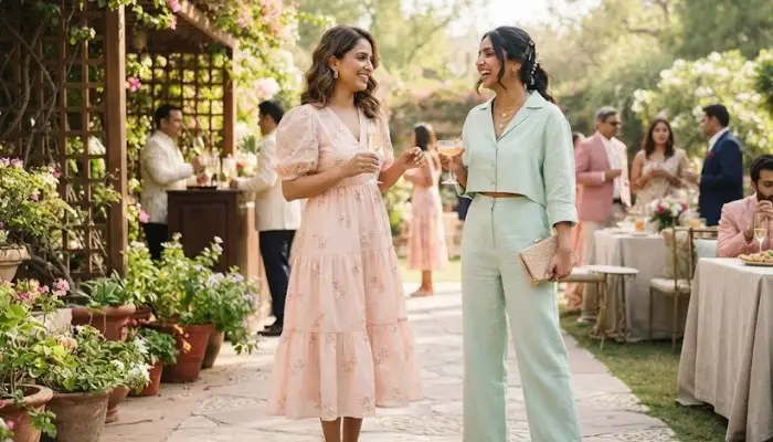 Light pastel cotton midi dress and linen co-ord set ideal for a daytime summer cocktail party
