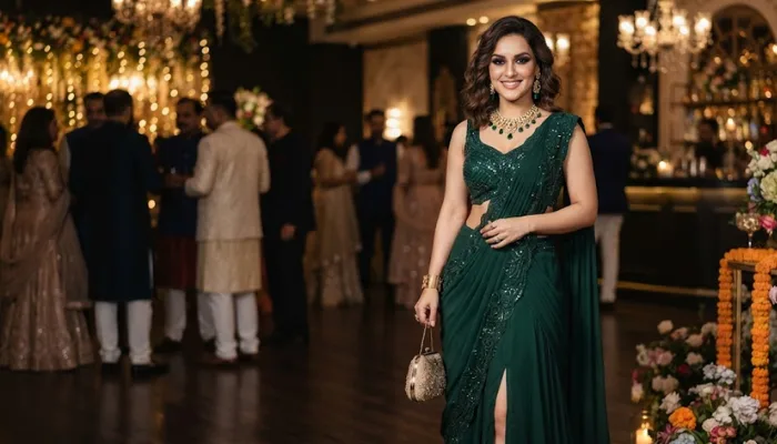 Modern woman wearing a stylish pre-draped saree gown and statement earrings for an Indian cocktail event