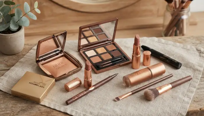 Essential warm-toned makeup products for latte makeup including bronzer, brown eyeshadow palette, and nude lipstick. Essential warm-toned makeup products for latte makeup including bronzer, brown eyeshadow palette, and nude lipstick.