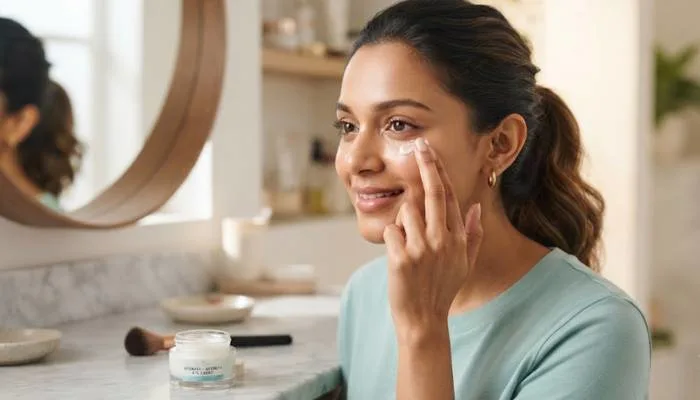 Applying a lightweight eye cream under the eye to hydrate the delicate skin before makeup. Applying a lightweight eye cream under the eye to hydrate the delicate skin before makeup.