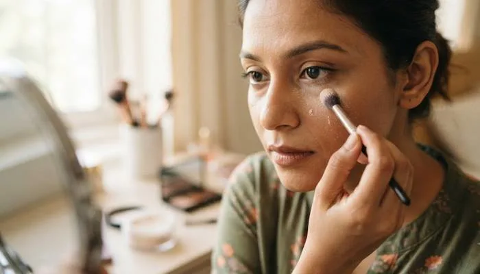 Using a small brush to gently press a translucent loose powder into the under-eye concealer to lock it in place. Using a small brush to gently press a translucent loose powder into the under-eye concealer to lock it in place.