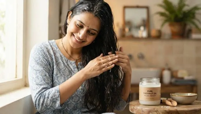 Pure coconut oil in a jar used as a pre-wash treatment for strengthening hair and reducing breakage.