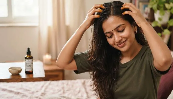 Performing a weekly scalp massage with natural oils to improve blood circulation and hair health.