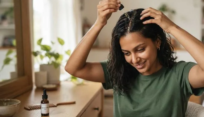 Applying diluted rosemary oil with a dropper for scalp massage to stimulate hair growth.