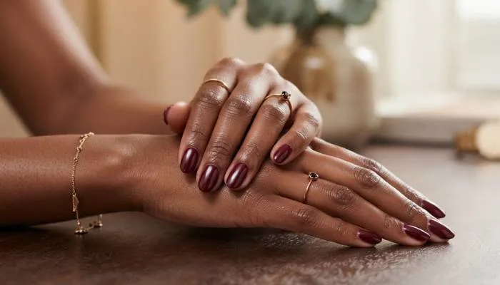 Elegantly manicured hands with dark skin wearing a rich wine-red nail polish shade.
