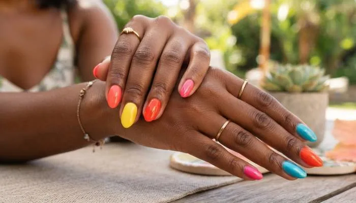 Vibrant coral and bright summer nail polish shades on dark skin hands.