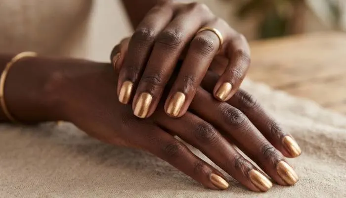 Fingernails with dark skin tone painted in a shimmering gold and bronze metallic nail polish.