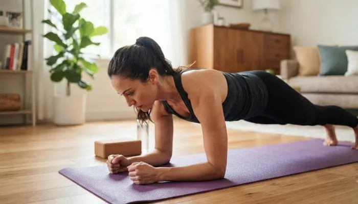 Woman performing core strengthening home exercises like the plank on a yoga mat to reduce belly fat Woman performing core strengthening home exercises like the plank on a yoga mat to reduce belly fat
