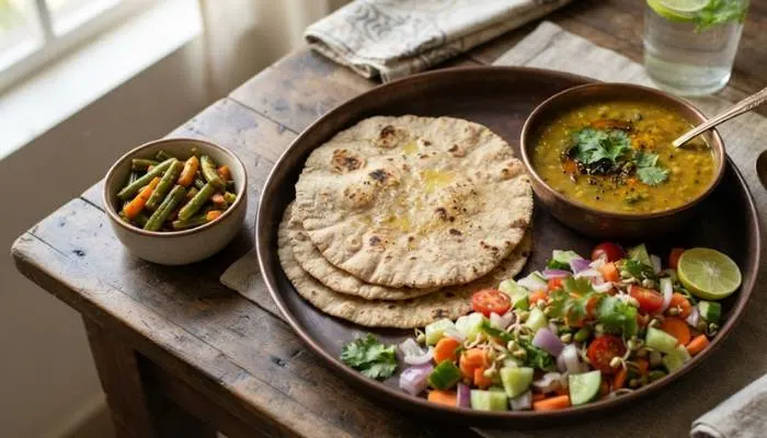 Healthy Indian meal plate with jowar roti, dal, and fresh salad for sustainable belly fat loss Healthy Indian meal plate with jowar roti, dal, and fresh salad for sustainable belly fat loss