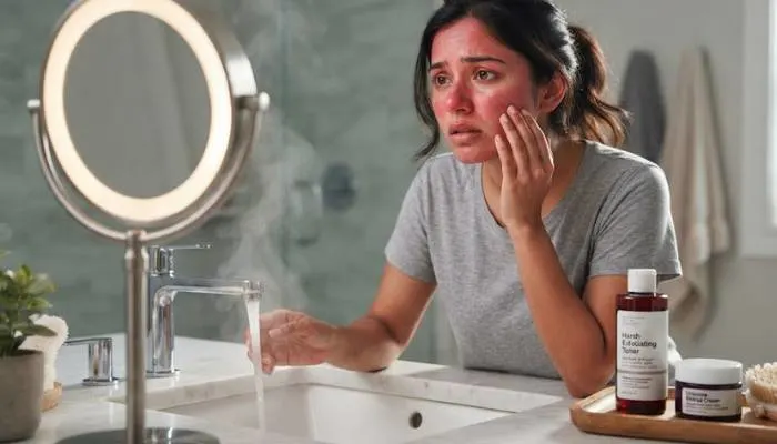 Common triggers of facial redness like hot water and harsh skincare products Common triggers of facial redness like hot water and harsh skincare products