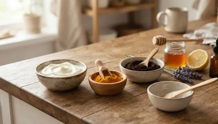 Bowls of natural DIY face mask ingredients including curd, turmeric, and coffee powder on a wooden kitchen counter Bowls of natural DIY face mask ingredients including curd, turmeric, and coffee powder on a wooden kitchen counter