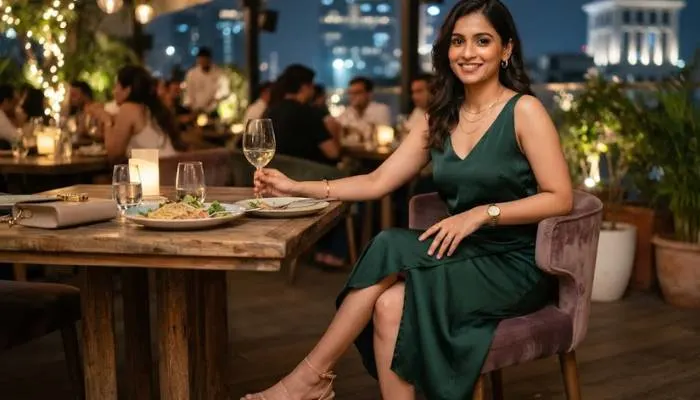 Smart casual dinner outfit idea featuring a chic midi dress and minimalist accessories Smart casual dinner outfit idea featuring a chic midi dress and minimalist accessories