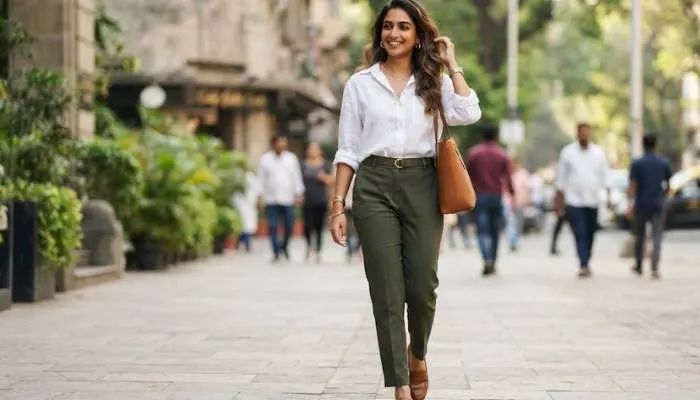 Woman demonstrating the elegant casual formula mixing a relaxed white shirt with tailored trousers Woman demonstrating the elegant casual formula mixing a relaxed white shirt with tailored trousers