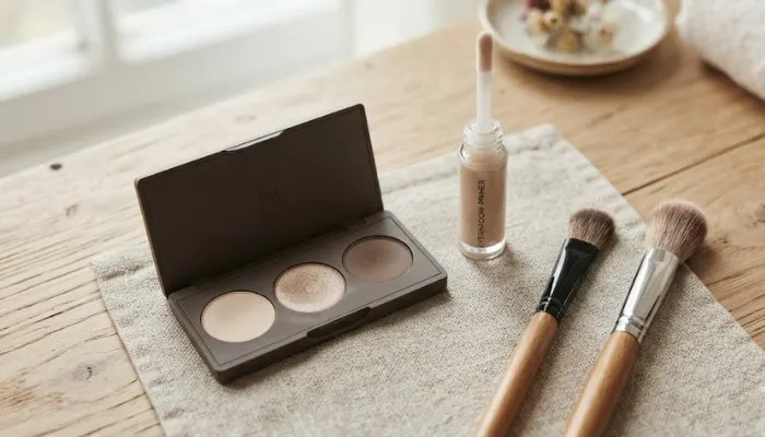 Essential eyeshadow tools including a flat shader brush, fluffy blending brush, primer, and a neutral 3-color palette
