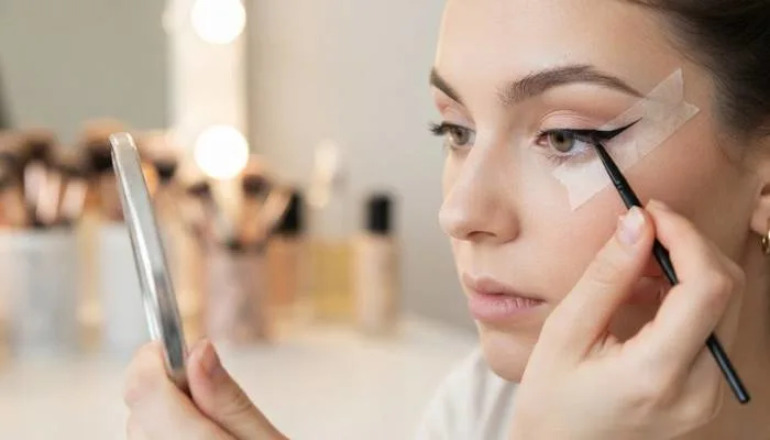 Demonstration of using tape for a clean beginner eyeliner application Demonstration of using tape for a clean beginner eyeliner application