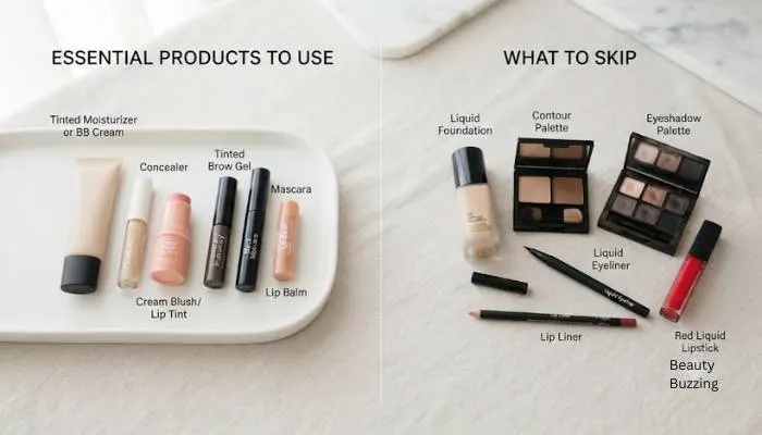 Minimalist makeup kit showing essential products to use and what to skip for beginners Minimalist makeup kit showing essential products to use and what to skip for beginners