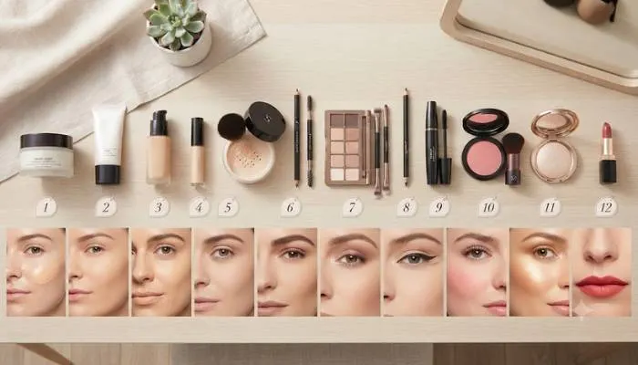 Step-by-step beginner makeup routine guide laid out in correct application order Step-by-step beginner makeup routine guide laid out in correct application order