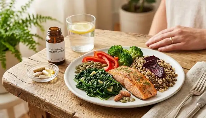A plate of iron-rich foods, green leafy vegetables, and supplements representing vitamins for women's hair loss. A plate of iron-rich foods, green leafy vegetables, and supplements representing vitamins for women's hair loss.