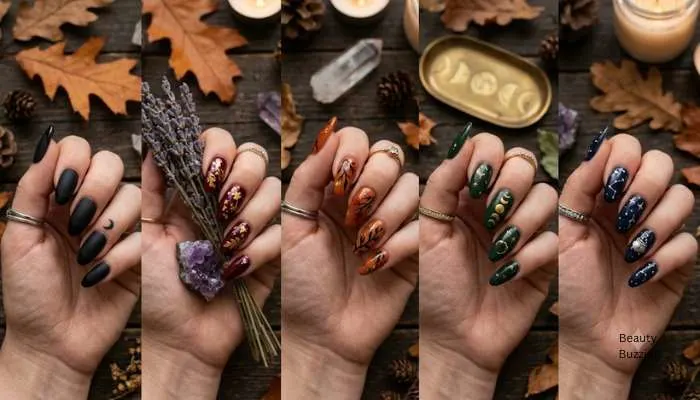 A clean flatlay or grid showcasing the specific design ideas mentioned (burgundy with gold flakes, matte-versus-glossy tips, and olive green with a tiny star).