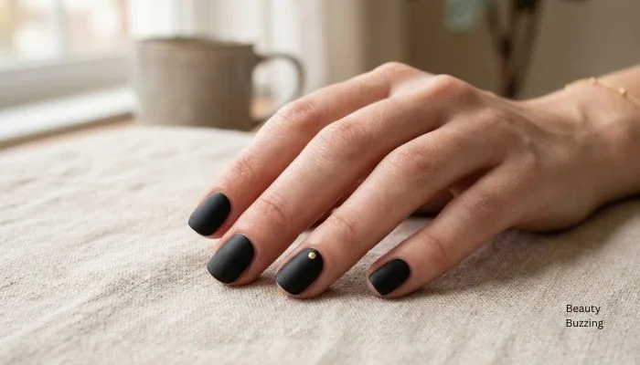 A minimalist photo of short, clean nails featuring solid matte black and a single tiny gold dot, proving how easy and chic the at-home look is.