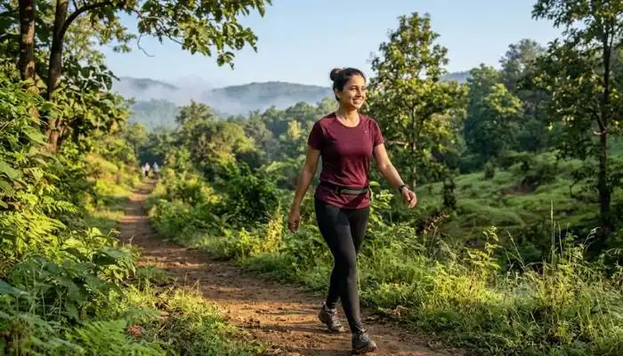 A person taking a brisk morning walk in nature for natural and permanent weight loss A person taking a brisk morning walk in nature for natural and permanent weight loss